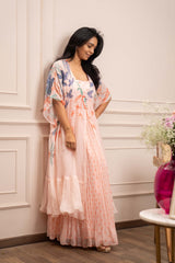 Secret Garden Peach Pleated Dress with Floral Jacket RTS