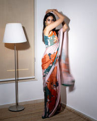 Coral Floral Saree with Blouse | Meenakshi Chaudhary