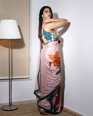 Coral Floral Saree with Blouse | Meenakshi Chaudhary