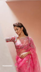 Pink Leheriya saree with embroidered blouse | Ruhani Sharma