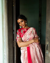 Ruhira Printed Tissue Saree with Blouse- Peach Pink