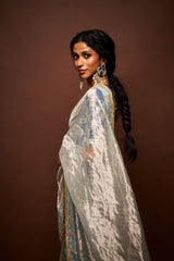 Trishi Printed Tissue Saree- Bluish Grey