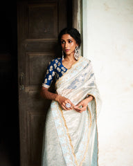 Trishi Printed Tissue Saree with Blouse - Bluish Grey