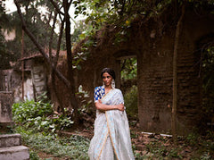 Trishi Printed Tissue Saree- Bluish Grey