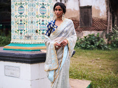 Trishi Printed Tissue Saree with Blouse - Bluish Grey