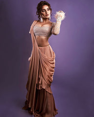 Norali Drape Saree with Blouse- Mocha Beige | Seerat Kapoor