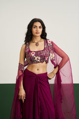 Tessa Skirt Set With Cape - Wine