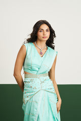 Vanessa Drape Saree Set with Corset - Sea Green
