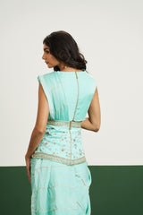 Vanessa Drape Saree Set with Corset - Sea Green