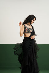 Yuna Drape Saree Set - Black