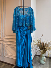 Zera drape skirt set with cape - Sapphire Blue