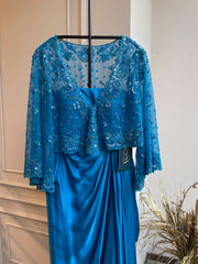 Zera drape skirt set with cape - Sapphire Blue