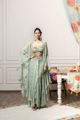 Yami Drape Skirt set with Cape - Green