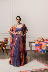 Visha Lehenga Set with Cape - Blue