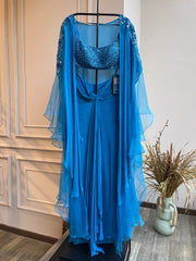 Zoha Drape Skirt Set with Rufflecape - Sapphire Blue