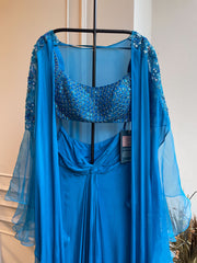 Zoha Drape Skirt Set with Rufflecape - Sapphire Blue