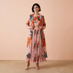 Mila Floral Skirt with Jacket- Coral