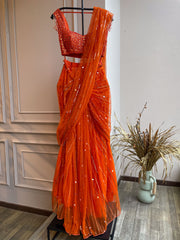 vithi Net drape saree withBlouse - Persimmon Orange