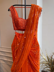 vithi Net drape saree withBlouse - Persimmon Orange