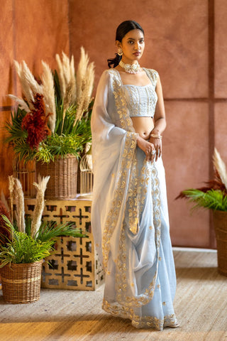 ICE BLUE ORGANZA SAREE WITH RAW SILK EMBROIDERED BLOUSE