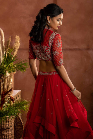 Cranberry Red Layered Lehenga with Embroidered Blouse