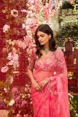 Pink Leheriya saree with embroidered blouse