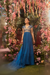 Peacock blue pleated dress with raw silk embroidered yoke