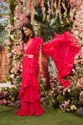 pink pre draped saree with embroidered blouse