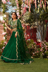 Forest green lehenga with organza embroidered blouse and dupatta