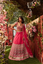 Hot pink embroidered lehenga with embroidered blouse and dupatta