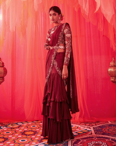 Wine pre draped saree with netted embroidered blouse