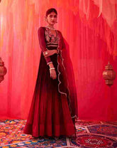 PURPLE TO RED OMBRE PLEATED DRESS DUPPATA