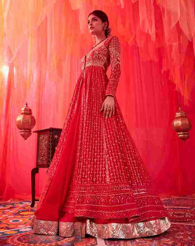AMARNATH RED CHIKANKARI LEHENGA WITH EMBROIDERED BLOUSE WITH AN ORGANZA EMBROIDERED DUPATTA
