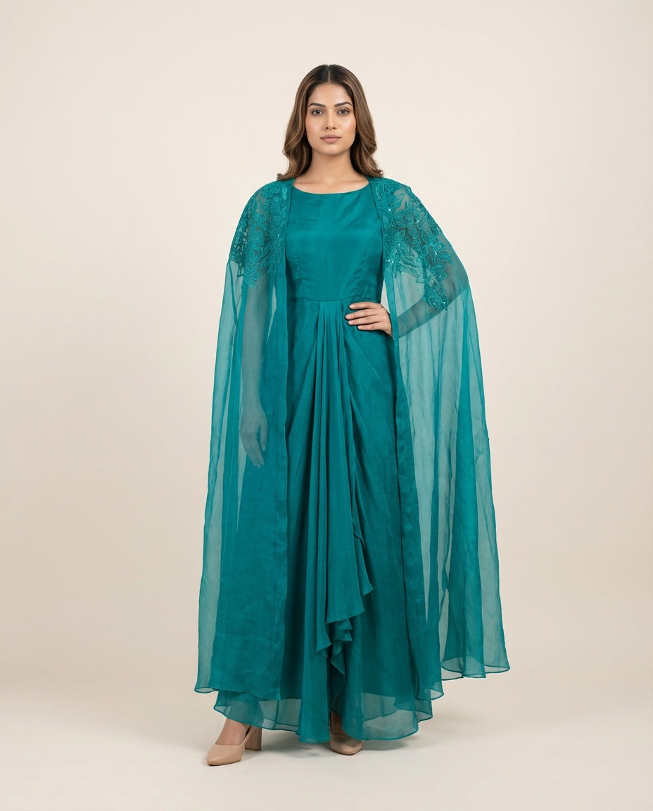 Ayla Drape Dress With Long Cape- Teal Green RTS