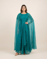 Ayla Drape Dress With Long Cape- Teal Green RTS