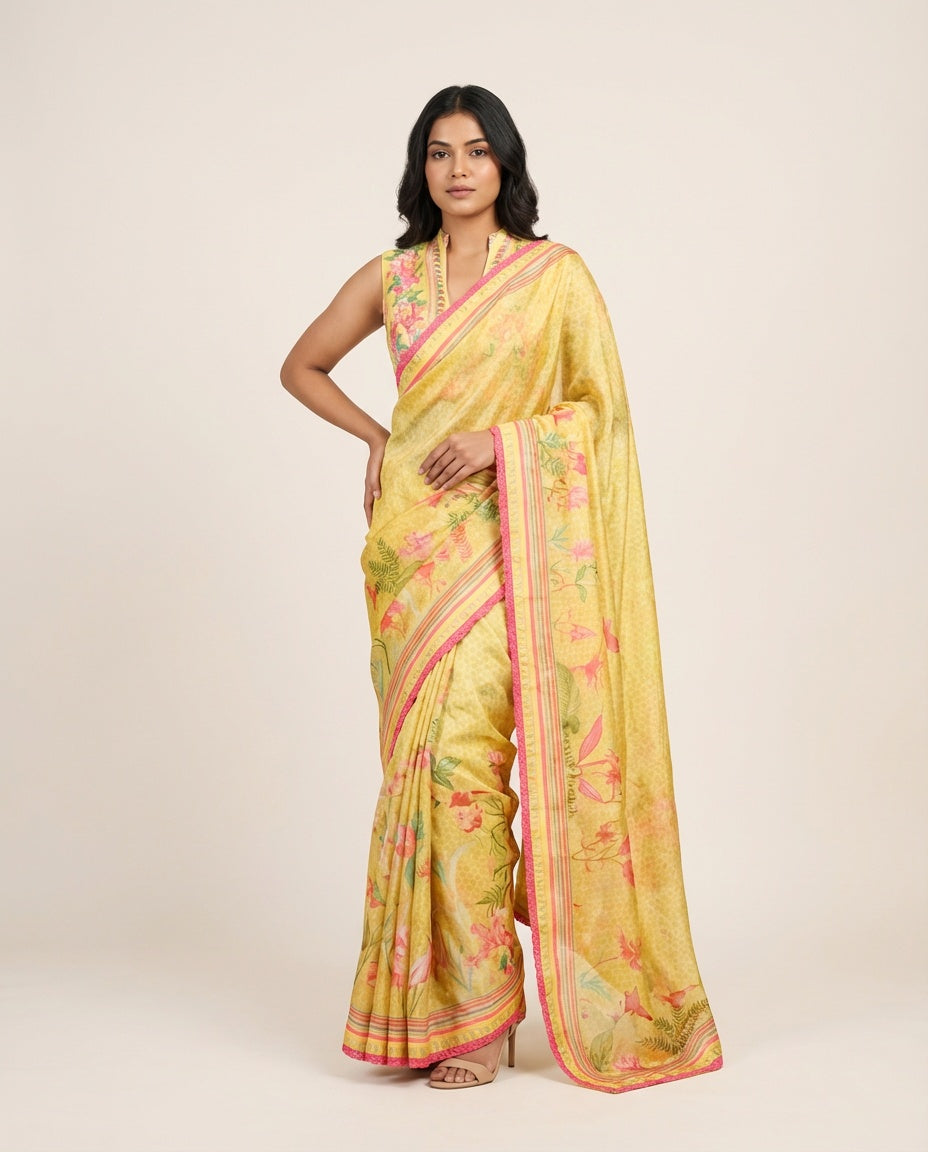 Regal Yellow Dhaman Saree with Blouse