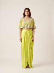 Zera Drape Skirt Set with Cape- Pollen Yellow