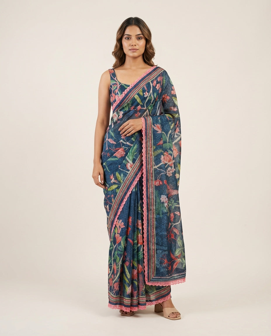 Regal Blue Dhaman Saree with Blouse