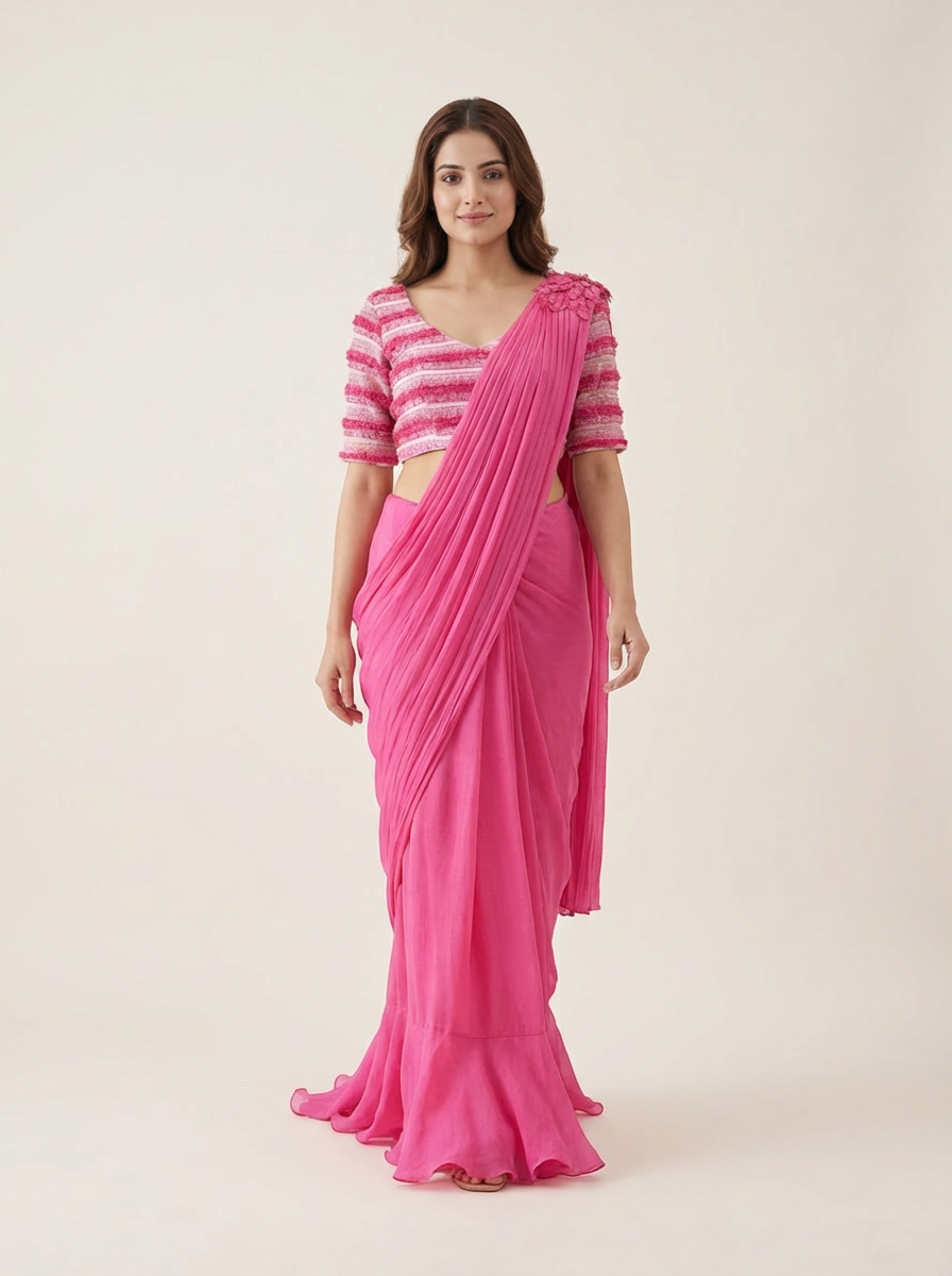 Charles Drape Saree- Pink