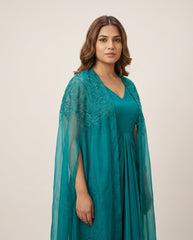 Ayla Drape Dress With Long Cape- Teal Green RTS