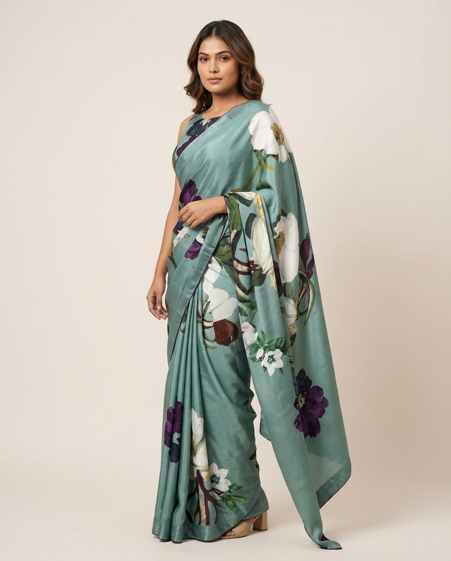Rivermist Teal Blue Saree with Blouse