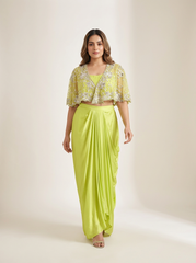 Zera Drape Skirt Set with Cape- Pollen Yellow