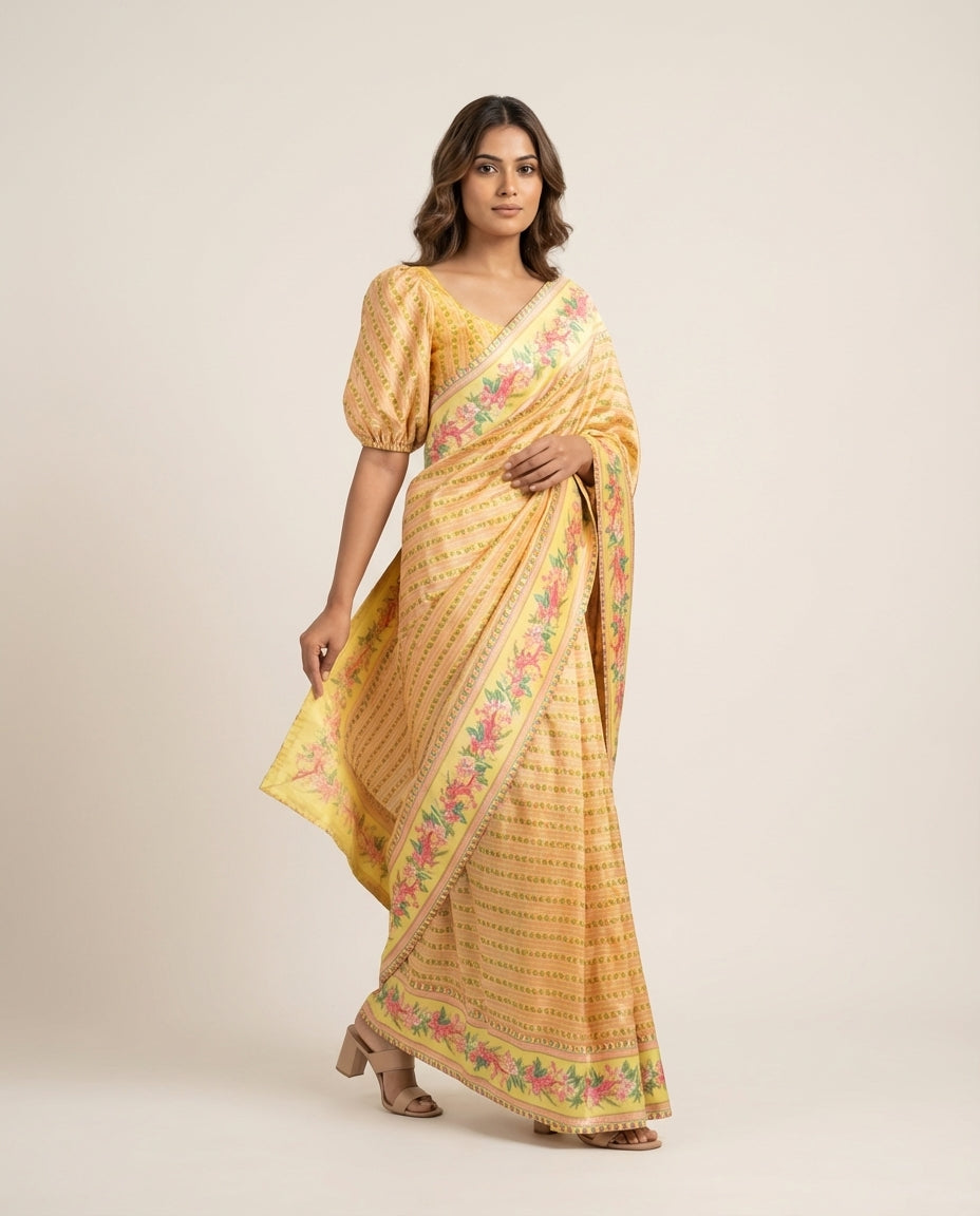 Ruvymist Allover Yellow Saree with Blouse