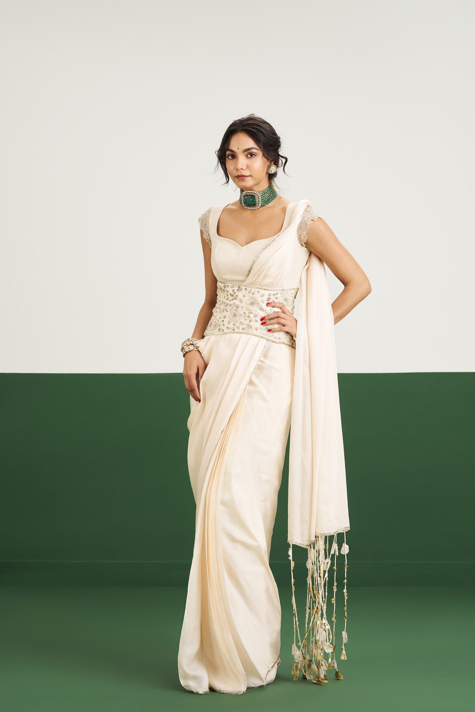 Leslie Saree Set with Corset - Ivory