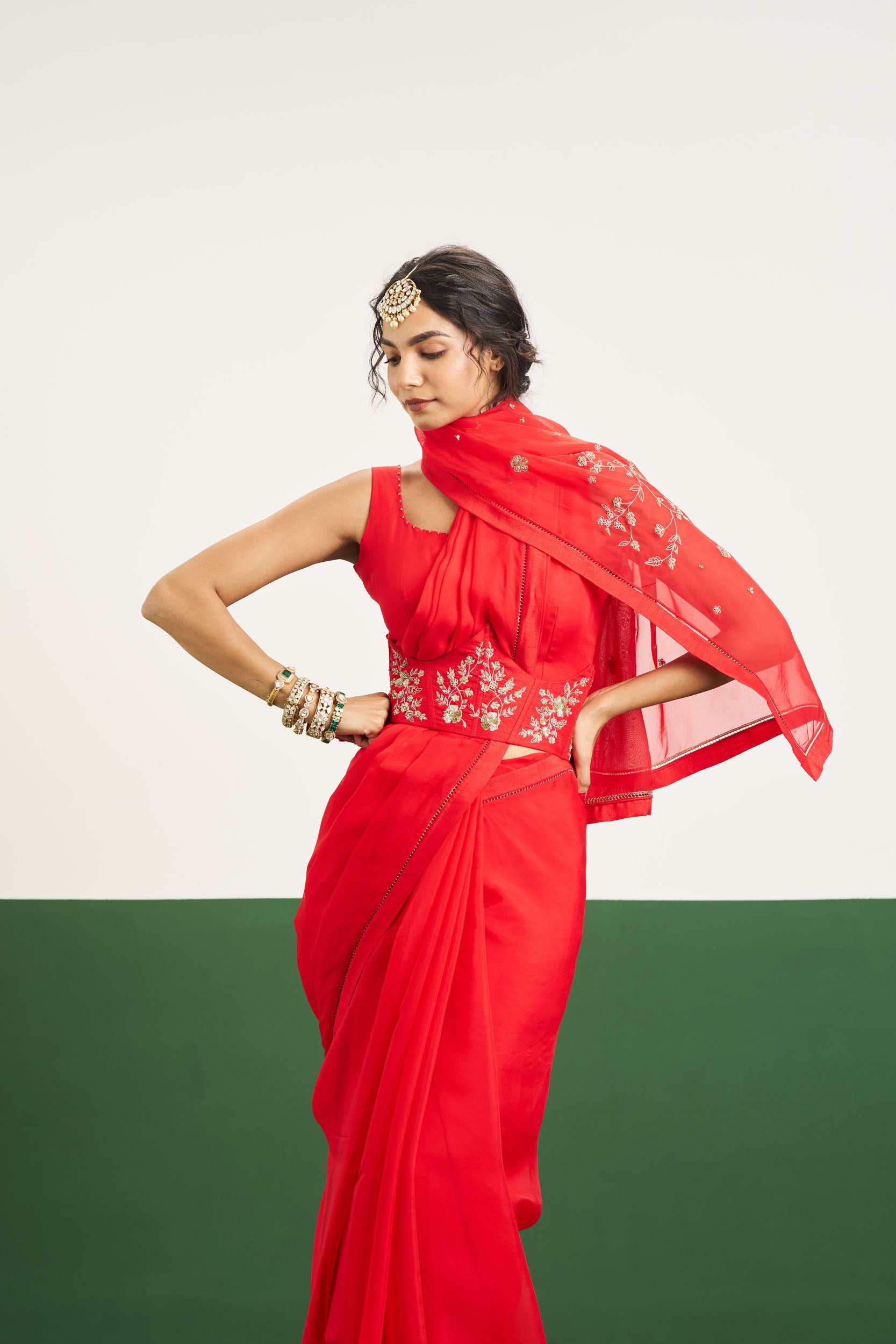 Rebacca Saree Set with Corset - Red