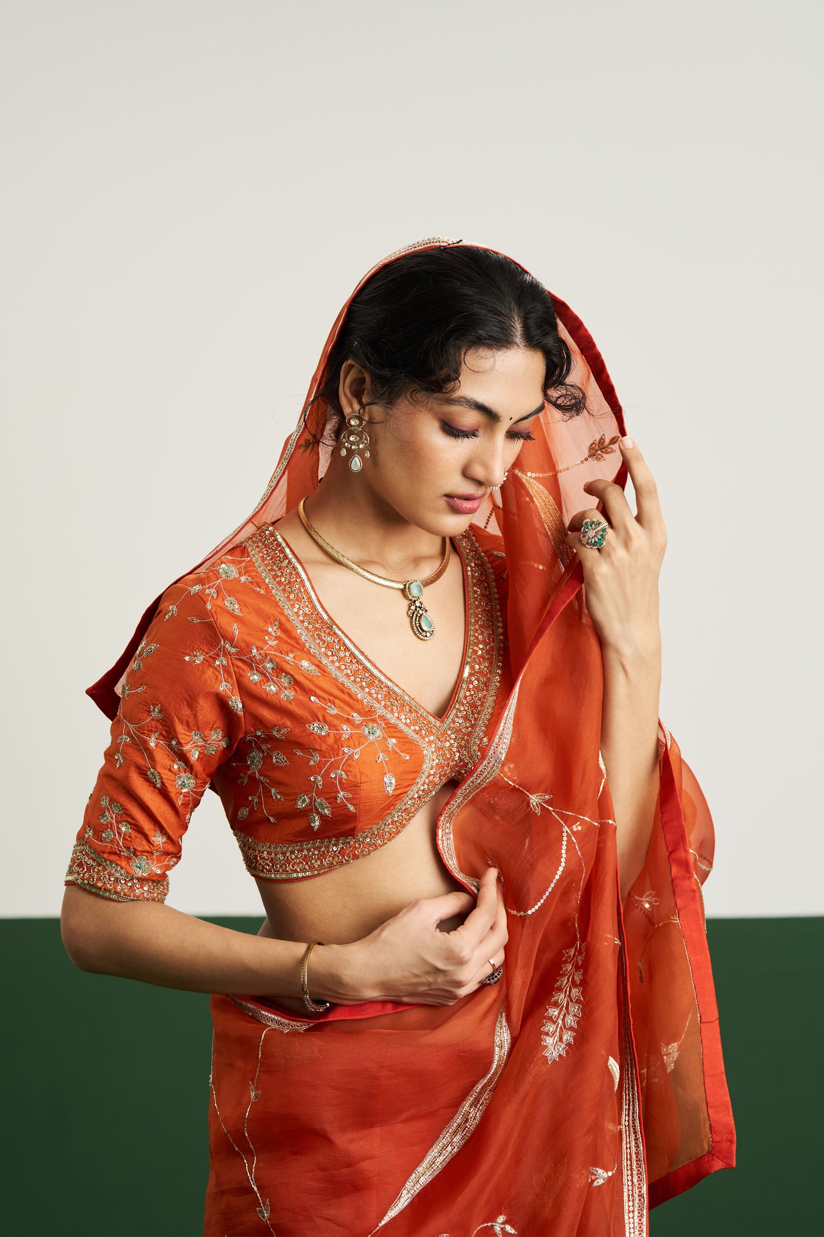 Amber Saree Set - Rust