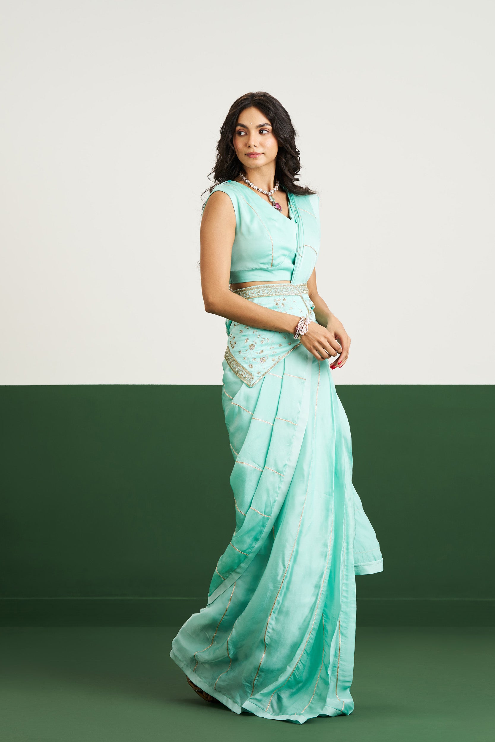 Vanessa Drape Saree Set with Corset - Sea Green RTS
