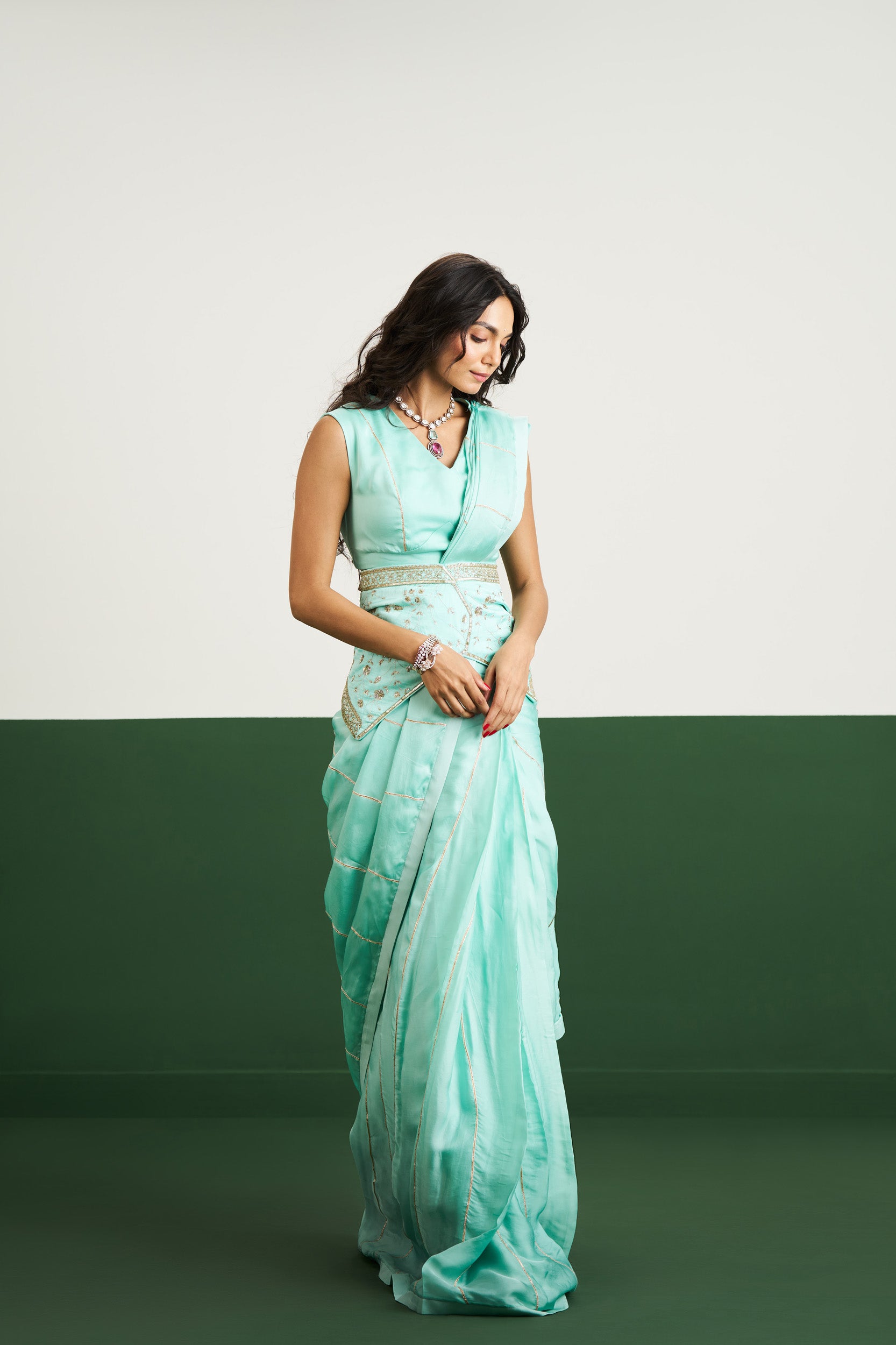 Vanessa Drape Saree Set with Corset - Sea Green RTS