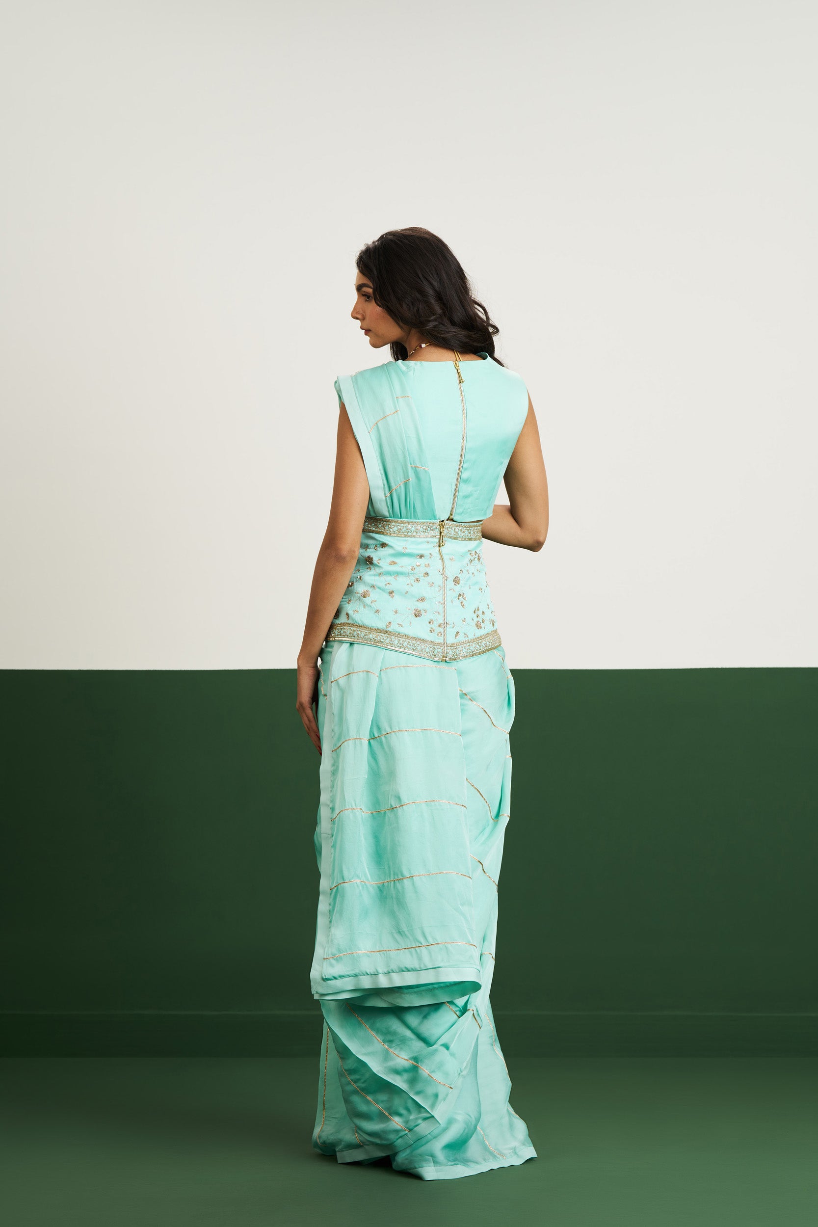 Vanessa Drape Saree Set with Corset - Sea Green RTS