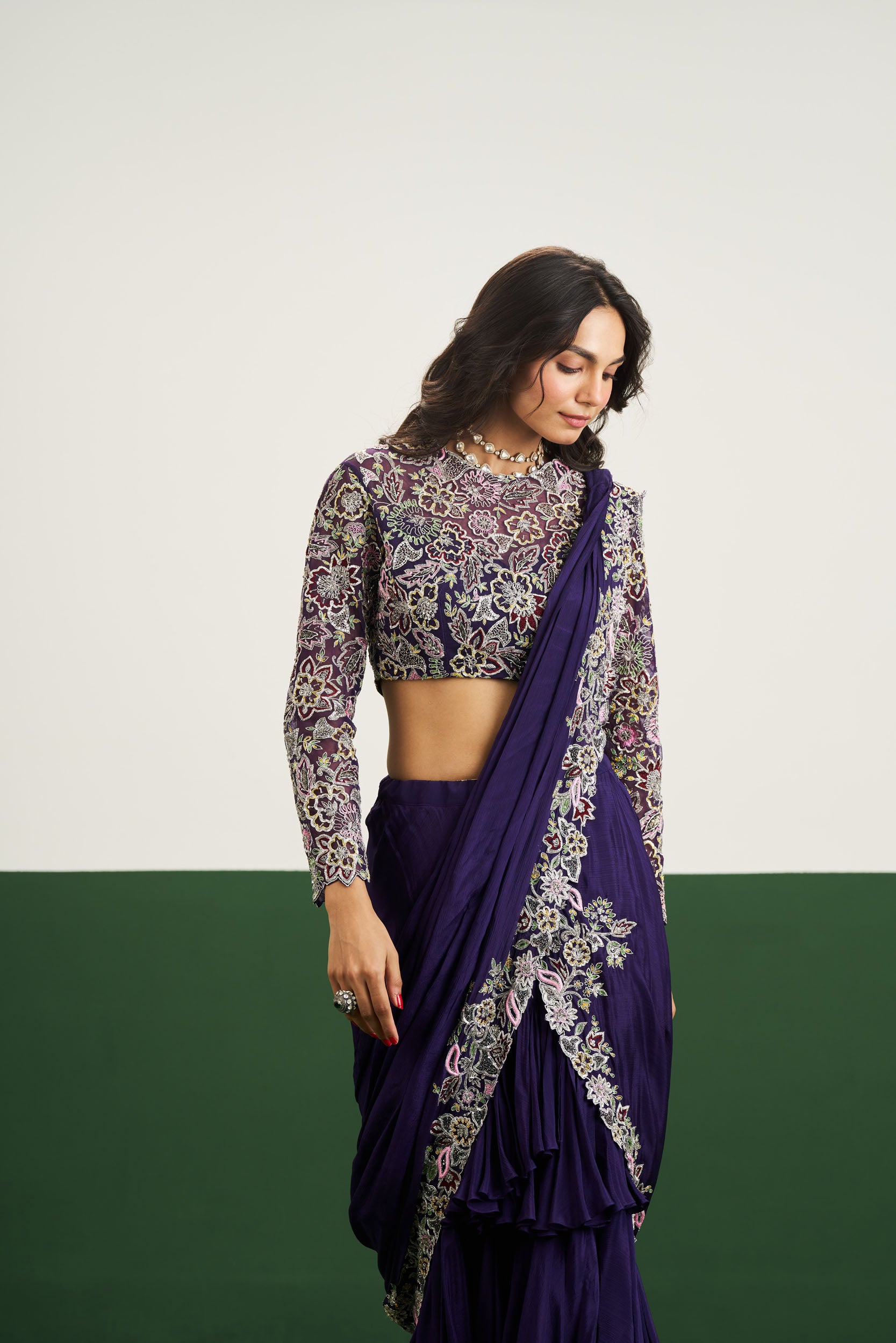 Taylor drape Saree Set - Purple